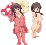  1girl absurdres barefoot blush brown_hair collar completely_nude feet flat_chest full_body head_on_pillow heart heart-shaped_pillow highres kono_subarashii_sekai_ni_shukufuku_wo! long_sleeves looking_at_viewer lying marusankaku megumin multiple_views nude open_mouth pajamas pants pillow red_eyes red_pajamas red_pants red_shirt shirt short_hair_with_long_locks simple_background toes white_background 