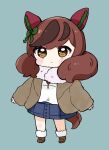  1girl :&lt; animal_ears blue_background blue_sky blush_stickers boots bow brown_eyes brown_footwear brown_hair brown_jacket chibi closed_mouth commentary denim denim_skirt ear_bow full_body fur-trimmed_boots fur_trim green_bow highres horse_ears horse_girl horse_tail jacket long_sleeves multicolored_hair nice_nature_(umamusume) nozo_(hitomiz) open_clothes open_jacket scarf shirt simple_background skirt sky sleeves_past_wrists solo standing streaked_hair tail twintails umamusume white_scarf white_shirt 