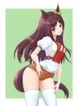  1girl animal_ears bow brown_hair buruma character_name commentary ear_bow green_background gym_shirt gym_shorts gym_uniform head_tilt highres horse_ears horse_girl horse_tail kemuri_(etep3372) leaning_forward long_hair looking_at_viewer mejiro_dober_(umamusume) open_mouth orange_buruma purple_eyes race_bib shirt short_sleeves shorts solo standing tail thighhighs umamusume white_shirt white_thighhighs 