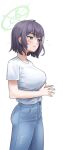  1girl absurdres blue_archive blue_eyes blue_pants blush breasts closed_mouth commentary_request denim halo highres jeans medium_breasts pants purple_hair saki_(blue_archive) samgong shirt short_hair short_sleeves simple_background solo steepled_fingers white_background white_shirt 