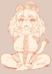  1girl absurdres animal_ears black_hair blonde_hair blush breasts crossed_ankles crossed_legs full_body fur_collar hair_between_eyes hands_on_feet highres huge_breasts indian_style kemono_friends kemono_friends_3 lion_(kemono_friends) lion_ears lion_tail long_hair looking_at_viewer masuyama_ryou multicolored_hair necktie open_mouth shirt short_hair short_sleeves sitting skirt smile solo tail thighhighs 
