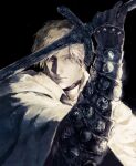  1boy armor black_background black_gloves blonde_hair bloodborne cloak closed_mouth fune_(nkjrs12) gloves green_eyes highres holding holding_sword holding_weapon looking_at_viewer male_focus sideburns simple_background solo sword upper_body vambraces weapon white_cloak 