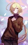  1boy absurdres ahoge bishounen black_pants blue_background brown_sweater closed_mouth colored_skin feathers funamusea gauze_on_cheek hair_over_one_eye hand_on_own_chest highres huge_ahoge irota long_hair looking_to_the_side low_ponytail pants purple_background red_eyes solo sweater taffy_(funamusea) white_skin 