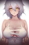  1girl bangs bare_arms bare_shoulders blush breasts cleavage code_vein collarbone commentary_request dress eyebrows_visible_through_hair hair_between_eyes haoni highres holding_hands interlocked_fingers io_(code_vein) large_breasts looking_at_viewer parted_lips pov short_hair silver_hair sleeveless sleeveless_dress smile solo_focus torn_clothes torn_dress upper_body white_dress yellow_eyes 