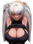  armpit_crease armpits black_tank_top blush breasts highres jacket jewelry large_breasts multicolored_hair necklace non-web_source open_clothes open_jacket park_dona seductive_smile sleeveless sleeveless_turtleneck smile source_request tan tank_top turtleneck white_hair yellow_eyes 