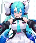  1girl adapted_costume aqua_eyes aqua_hair aqua_necktie bare_shoulders breasts detached_sleeves double-parted_bangs dress framed_breasts gradient_hair hair_between_eyes hair_tubes hatsune_miku high_collar imminent_hug kanimiso_(mikoki) long_bangs looking_at_viewer multicolored_hair necktie open_mouth reaching reaching_towards_viewer simple_background smile solo vocaloid 