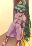  alternate_costume armlet ass bikini blue_bikini blue_swimsuit bracelet breasts cleavage fire_emblem fire_emblem:_the_blazing_blade fire_emblem_heroes flower fukadumeasadume green_eyes green_hair hair_flower hair_ornament highres jewelry large_breasts long_hair looking_at_viewer lyn_(fire_emblem) official_alternate_costume open_mouth palm_tree ponytail sandals sitting sweatdrop swimsuit tree very_long_hair 