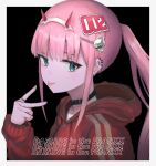  1girl absurdres bangs black_background black_choker border choker darling_in_the_franxx english_text green_eyes hairband highres hood hoodie horns long_hair oni_horns pink_hair red_hoodie red_horns solo user_adfx7525 white_border white_hairband zero_two_(darling_in_the_franxx) 