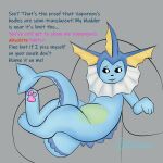 absurd_res bladder bodily_fluids desperation eeveelution female feral generation_1_pokemon genital_fluids hi_res nintendo omokamie omorashi organs pokemon pokemon_(species) solo text urine vaporeon watersports