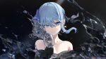  1girl alternate_costume bare_shoulders black_dress black_gold_saw blue_eyes blue_hair cup dress earrings hair_between_eyes highres holding holding_cup hololive hoshimachi_suisei jewelry looking_at_viewer medium_hair parted_lips portrait smile solo stoner08 virtual_youtuber 