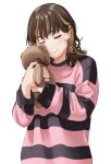 1girl black_nails blush brown_hair closed_eyes closed_mouth holding holding_stuffed_toy long_sleeves mattaku_mousuke multicolored_hair nail_polish original puffy_long_sleeves puffy_sleeves shirt simple_background smile solo streaked_hair striped_clothes striped_shirt stuffed_animal stuffed_toy teddy_bear upper_body white_background 