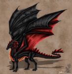 ambiguous_gender black_body black_claws black_horn black_scales brown_background claws dragon feral horn membrane_(anatomy) orange_body orange_scales red_eyes red_membrane scales selianth shadow simple_background solo spread_wings standing wings