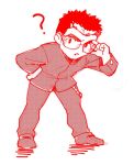  1boy :o ? adjusting_eyewear bara deformed facial_hair full_body gakuran glasses highres leaning_forward light_blush looking_at_viewer male_focus monochrome motoori_shiro red_theme rimless_eyewear school_uniform short_hair sideburns sideburns_stubble solo stubble thick_eyebrows tokyo_afterschool_summoners tyou white_background 