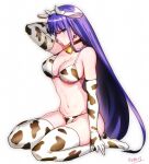  1girl animal_ears animal_print aoba_(smartbeat) arm_up bangs bell bikini black_choker blue_eyes breasts choker cleavage cow_ears cow_horns cow_print earrings elbow_gloves fate/grand_order fate_(series) from_side full_body gloves hairband highres horns jewelry large_breasts long_hair looking_at_viewer martha_(fate) navel neck_bell no_shoes revision sitting solo stomach swimsuit thighhighs thighs very_long_hair wariza 