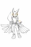  3_fingers 4_ears :&lt; alien ambiguous_gender anthro avali avian belt belted_boots boots clothed clothing compound_lift eikan feathers fingers footwear furrowed_brow headgear hi_res inner_ear_fluff line_art multi_ear simple_background solo tall_image tuft tunic winged_arms wings 