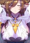  1girl breasts brown_hair closed_eyes eyebrows_visible_through_hair eyelashes eyes_visible_through_hair galleon_(granblue_fantasy) gloves gollizo granblue_fantasy highres jewelry large_breasts long_hair looking_at_viewer necklace outstretched_arms parted_lips pointy_ears sideboob simple_background solo white_gloves 