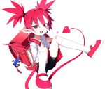  1girl absurdres animal_keychain backpack bag bandaid bandaid_on_knee bandaid_on_leg bird demon_girl demon_tail demon_wings disgaea earrings etna_(disgaea) fang heart heart_tail highres jewelry jiryu50610218 keychain kneehighs penguin pointy_ears randoseru red_eyes red_hair school_uniform shoes short_twintails skull_earrings socks tail twintails uwabaki wings 