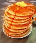  absurdres butter food food_focus highres kaneko_ryou maple_syrup no_humans original pancake souffle_pancake steam still_life syrup table 