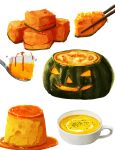  cup food food_focus halloween highres jack-o&#039;-lantern kaneko_ryou no_humans original pie pudding pumpkin pumpkin_pie simple_background spoon still_life white_background 