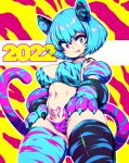  1girl 2022 :p absurdres animal_ears blue_eyes blue_hair breasts choker commentary eyebrows_visible_through_hair heterochromia highres long_hair looking_at_viewer medium_breasts navel original pubic_tattoo red_background red_eyes short_hair slugbox solo stomach tail tattoo thighhighs tiger_ears tiger_tail tongue tongue_out two-tone_background vomi_agogo yellow_background 