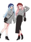  2girls bag black_footwear blue_bow blue_hair blue_headwear bow closed_mouth covered_mouth earrings fashion grey_sweater hair_over_shoulder hair_tie hand_to_own_mouth hand_up handbag hat hat_bow head_tilt high_heels highres holding_hands jewelry knees_together_feet_apart kotonoha_akane kotonoha_aoi leaning_on_person long_hair long_skirt long_sleeves looking_at_viewer matching_outfits miniskirt moya_(toatomoot) multiple_girls one_eye_closed pencil_skirt pink_hair red_bow red_eyes red_headwear red_socks shirt_partially_tucked_in shoulder_bag simple_background skirt sleeves_past_fingers sleeves_past_wrists socks standing standing_on_one_leg sweater sweater_tucked_in turtleneck voiceroid white_background white_socks winter_clothes 