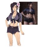  1girl black_hair breasts cleavage crop_top cropped_legs denim denim_shorts english_commentary final_fantasy final_fantasy_vii final_fantasy_vii_rebirth final_fantasy_vii_remake hand_on_own_hip official_alternate_costume official_alternate_hairstyle pudelmudel reference_inset shirt short_shorts shorts simple_background smile solo thong tied_shirt tifa_lockhart 