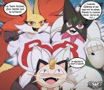 anthro big_breasts blush breasts clothed clothing delphox english_text female french_text generation_1_pokemon generation_6_pokemon generation_9_pokemon group hi_res knightmoonlight98 male meowscarada meowth nintendo pokemon pokemon_(species) red_eyes spanish_text speech_bubble team_rocket text translation_request trio