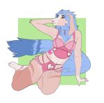 2023 anthro bra clothing cocoach3rry digital_media_(artwork) fur hi_res hybrid lingerie long_ears long_tail male mane monster multi_eye myles_(cocoach3rry) panties simple_background smile solo tail teeth thick_thighs underwear