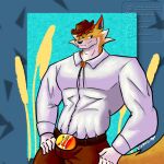 animal_crossing anthro avi_the_tiger bulge canid chief_(animal_crossing) clothed clothing cowboy_hat forestpunktiger hat headgear headwear male mammal muscular muscular_male nintendo solo