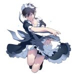  1boy alternate_costume apron black_dress black_footwear black_hair black_shorts closed_mouth crossdressing dress enmaided floating_clothes frilled_apron frills frown full_body hair_between_eyes holding jumping kageyama_ritsu looking_at_viewer maid maid_apron maid_headdress male_focus male_maid mob_psycho_100 outstretched_arms puffy_short_sleeves puffy_sleeves shoes short_hair short_sleeves shorts shorts_under_dress simple_background white_apron white_background yunopsy 