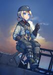  1girl aircraft airplane blonde_hair blue_eyes boots canopy_(aircraft) cigarette cloud day erica_(naze1940) fur_trim garrison_cap gloves gun handgun hat highres jacket leg_holster original outdoors parachute pilot_suit pilot_uniform sitting sky uniform weapon 