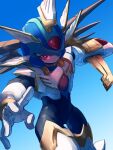  1boy android arm_cannon armor black_bodysuit blue_background blue_headwear bodysuit closed_mouth copy_x_(mega_man) forehead_jewel helmet highres looking_at_viewer mega_man_(series) mega_man_zero_(series) omochi_(mochi_skymega) red_eyes simple_background solo weapon wings 