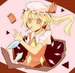  1girl ascot brown_background collared_shirt cowboy_shot flandre_scarlet food food_in_mouth hat hat_ribbon hunabera looking_at_viewer medium_hair mob_cap mouth_hold multicolored_wings one_side_up pink_background pocky pocky_in_mouth puffy_short_sleeves puffy_sleeves red_eyes red_ribbon red_skirt red_vest ribbon ribbon-trimmed_headwear ribbon_trim shirt short_sleeves simple_background skirt solo touhou vest white_headwear white_shirt wings yellow_ascot 