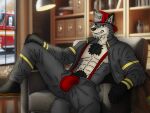 anthro body_hair boots bulge canid canine canis chest_hair clothed clothing fire_engine fire_station firefighter footwear furniture male mammal nicolasthewolf open_clothing open_shirt open_topwear plantigrade pubes shirt sitting sofa solo topwear truck_(vehicle) uniform vehicle wolf yellow_eyes