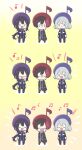  3boys :d :o ^_^ annoyed arms_at_sides black_jacket bob_cut boots buttons chibi closed_eyes double-breasted facing_viewer frown gloom_(expression) goma_sodapop grey_hair hair_ornament happy hizen_tadahiro honebami_toushirou jacket lineup long_hair long_sleeves looking_at_viewer male_focus multicolored_hair multiple_boys music musical_note musical_note_hair_ornament namazuo_toushirou outline pants ponytail purple_jacket purple_pants red_hair short_hair simple_background singing smile standing touken_ranbu trembling two-tone_hair very_long_hair white_outline yellow_background 