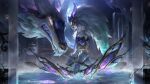  1girl bare_shoulders body_fur bow_(weapon) city colored_skin detached_sleeves from_side glowing glowing_eyes grey_hair hand_up highres holding holding_bow_(weapon) holding_weapon indoors kindred_(league_of_legends) lamb_(league_of_legends) league_of_legends long_hair mask official_art porcelain_amumu prestige_porcelain_kindred sharp_teeth teeth weapon white_fur white_skin wolf_(league_of_legends) 