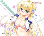  1girl :3 :p absurdres bare_shoulders bespectacled blonde_hair blue_bow blunt_bangs blush bow bra breasts cleavage closed_mouth collarbone company_name copyright_name double_bun floating_hair frilled_bra frills glasses green_eyes hair_bow hair_bun hair_ornament hairclip hands_up highres kin-iro_loveriche large_breasts long_hair long_sleeves looking_at_viewer moribe_(rabumanyo) navel official_art open_clothes open_shirt pink_bra red-framed_eyewear shirt sidelocks simple_background smile solo star_(symbol) straight_hair strap_slip sylvia_le_cruzcrown_sortilege_sisua tongue tongue_out underwear upper_body very_long_hair white_background white_shirt x_hair_ornament 