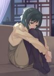  1girl black_hair bow couch curtains green_eyes hair_bow hand_on_own_wrist highres hugging_own_legs kohinata_miku long_sleeves metronome mokutan_mmmm no_shoes pantyhose senki_zesshou_symphogear shouji sliding_doors solo tan_skirt thighs white_bow 