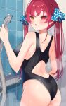  1girl ass black_one-piece_swimsuit blue_ribbon blush breasts fang from_behind hair_ribbon heterochromia highres holding holding_shower_head hololive houshou_marine looking_at_viewer medium_breasts one-piece_swimsuit polka_dot polka_dot_ribbon red_eyes red_hair ribbon shower_(place) shower_head solo swimsuit twintails ute_(perouthi) virtual_youtuber wet wet_clothes wet_hair wet_swimsuit yellow_eyes 