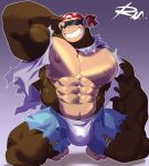 abs after_transformation anthro ape bandanna biceps bottomwear bulge clothed clothing detailed_bulge donkey_kong_(series) eyewear funky_kong gorilla grin haplorhine hi_res kerchief kneeling male mammal nintendo nipples open_bottomwear open_clothing open_pants pants pecs primate reclamon shirt shorts simple_background smile solo sunglasses topwear torn_clothing transformation underwear