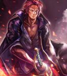  1boy 2022 artist_name black_coat closed_mouth coat collarbone english_commentary facial_hair holding holding_sword holding_weapon looking_at_viewer male_focus mixed-language_commentary nanshu29 one_piece red_hair scar scar_across_eye scar_on_face shanks_(one_piece) shirt short_hair solo sword thai_commentary weapon web_address white_shirt 