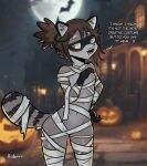&lt;3 2023 anthro brown_body brown_fur claws clothing costume english_text female flat_chested fur halloween halloween_costume hi_res holidays mammal navel nipples procyonid raccoon riderrr riley_(riderrr) sharp_claws sharp_teeth signature solo tail teeth text yellow_eyes