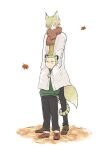  2boys aged_down animal_ears autumn_leaves black_eyes black_pants blonde_hair blue_eyes blush brown_footwear commentary curly_eyebrows eeyasu_(samarian) facial_hair fox_boy fox_ears fox_tail green_hair green_sweater hair_over_one_eye hands_in_pockets hug hug_from_behind leaf light_smile long_bangs looking_at_another looking_down looking_up male_focus meme_attire multiple_boys mustache_stubble one_piece open-chest_sweater pants plaid plaid_scarf roronoa_zoro sanji_(one_piece) scarf shoes short_hair smile stubble sweater tail tail_wrap tiger_boy tiger_ears tiger_tail white_background 