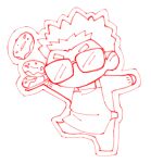  1boy acrylic_stand apron chibi doughnut food full_body glasses holding holding_tray long_sleeves lowres male_focus monochrome motoori_shiro no_mouth opaque_glasses outstretched_arms red_theme short_hair solo spread_arms thick_eyebrows tokyo_afterschool_summoners tray tyou white_background 
