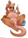4_toes absurd_res anthro big_breasts blush breasts brown_body brown_fur container disney eyelashes featureless_crotch feet female food fur hi_res honey_(food) jar kanga kangaroo kitchen_utensils ladle leaf looking_at_viewer macropod mammal marsupial mature_female nude reclining simple_background smile solo toes tools tsampikos white_background winnie_the_pooh_(franchise)