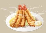  food food_focus grey_background highres kaneko_ryou no_humans original plate seafood shrimp shrimp_tempura simple_background steam still_life tempura 