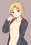  1girl alternate_costume bangs blonde_hair breasts brown_background commentary_request cookie_(touhou) green_eyes highres hood hoodie joker_(cookie) looking_at_viewer medium_breasts mizuhashi_parsee naked_hoodie open_mouth out-of-frame_censoring parted_bangs pointy_ears rizeass short_hair simple_background solo touhou 