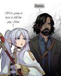  1boy 1girl absurdres alan_wake alan_wake_(game) arms_at_sides beard black_hair capelet collared_shirt crossover dangle_earrings drop_earrings earrings elf english_commentary english_text facial_hair frieren grey_hair highres holding holding_staff i_think_we&#039;re_gonna_have_to_kill_this_guy_steven_(meme) jacket jewelry kluverdesigns long_hair long_sleeves mage_staff meme necktie open_clothes open_jacket parted_bangs parted_lips pointy_ears shirt short_hair sousou_no_frieren staff twintails upper_body white_capelet wing_collar 