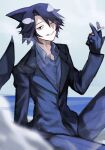  1boy black_eyes black_hair black_pants black_suit blue_sky buttons cetacean_tail collared_shirt colored_skin evil_smile fins fish_tail funamusea grey_shirt head_fins highres ice_scream idate_(ice_scream) irota looking_at_viewer male_focus multicolored_hair ocean one_eye_closed orca_boy pants shirt short_hair single_hair_intake sky smile smoke smoking solo suit tail white_hair white_skin 