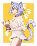  1girl :d animal_ear_fluff animal_ears breasts brown_shirt can canned_food cat_ears cat_girl cat_tail collarbone commentary fang fork grey_hair highres holding holding_fork long_sleeves looking_at_viewer medium_breasts off_shoulder orange_eyes original pet_food ryota_tentei scar scar_on_cheek scar_on_face see-through_silhouette shirt smile solo symbol-only_commentary tail tora_tentei two-tone_background white_background yellow_background 